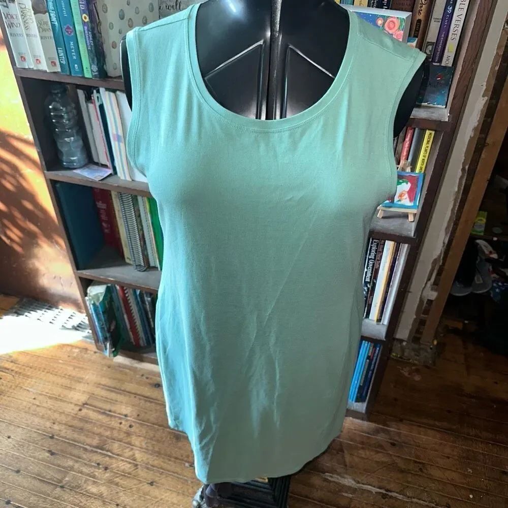 Eileen Fisher green sleeveless sustainable mini dress